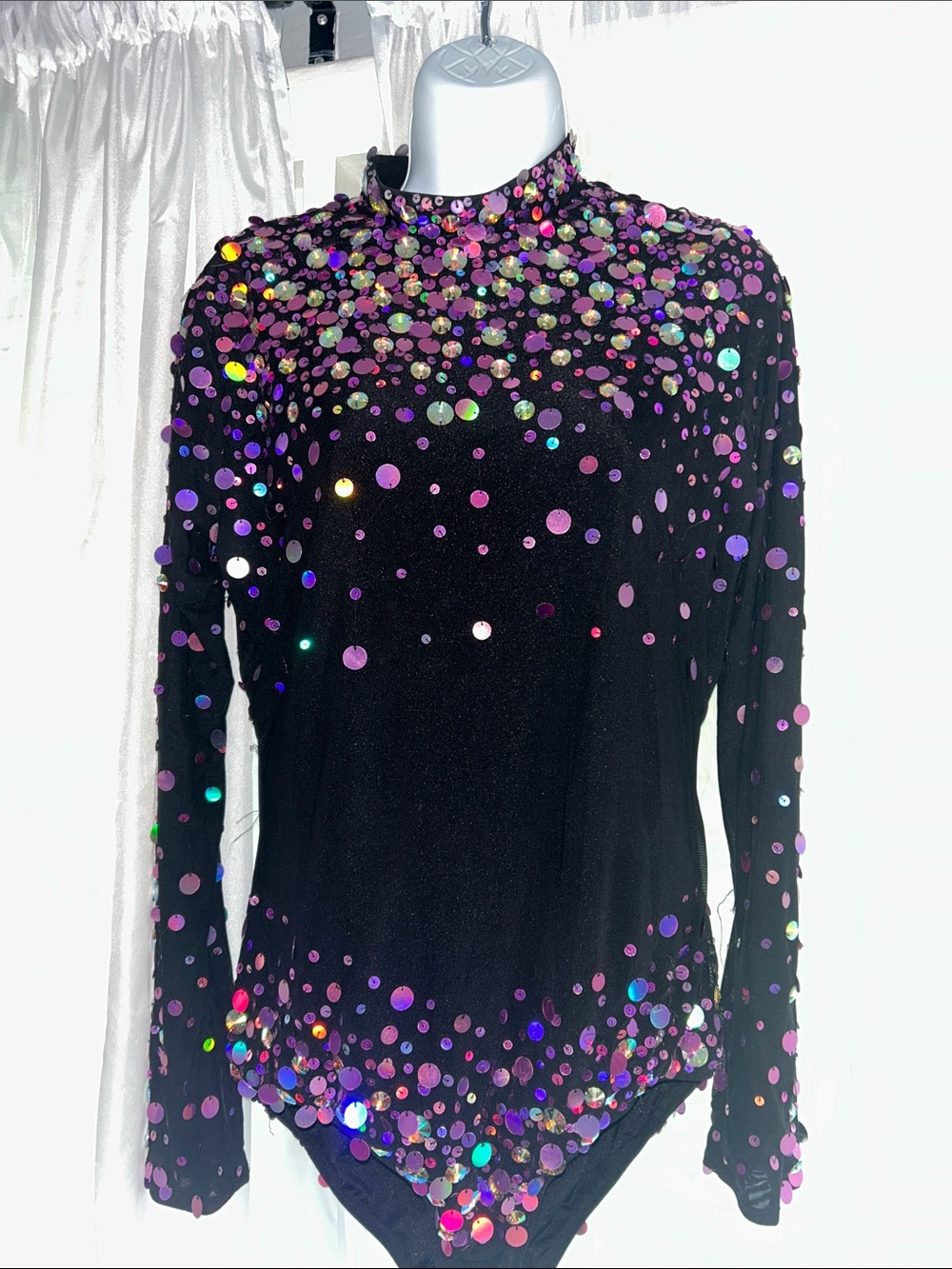 Glamour Black Holographic Sequin Long Sleeve Bodysuit